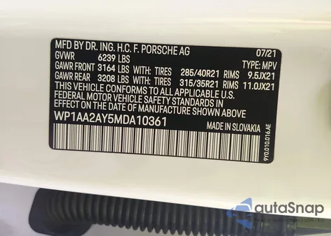 2021 Porsche Cayenne z USA, uszkodzony, nr VIN WP1AA2AY5MDA10361